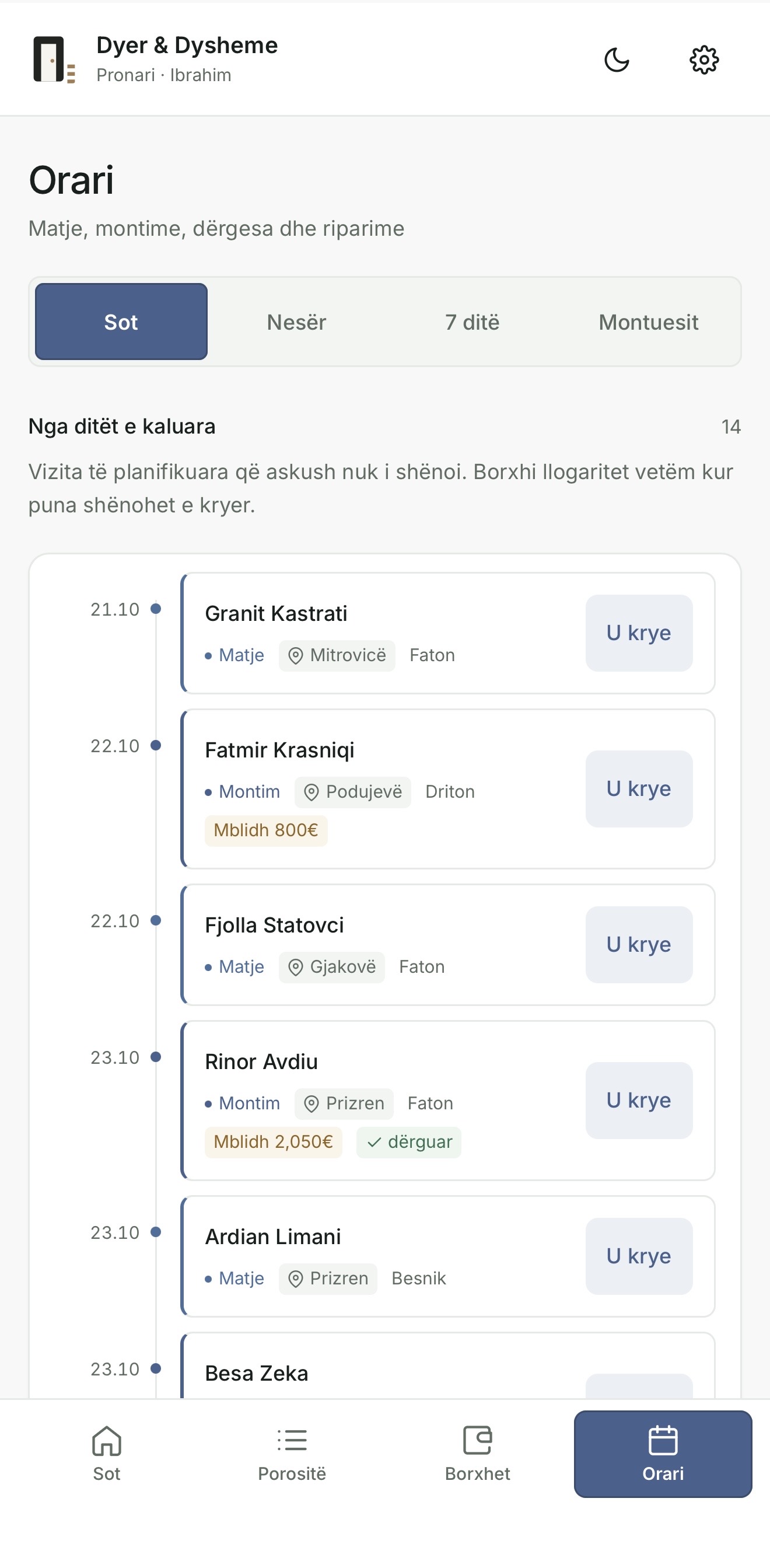 Orari i matjeve dhe montimeve sipas montuesit